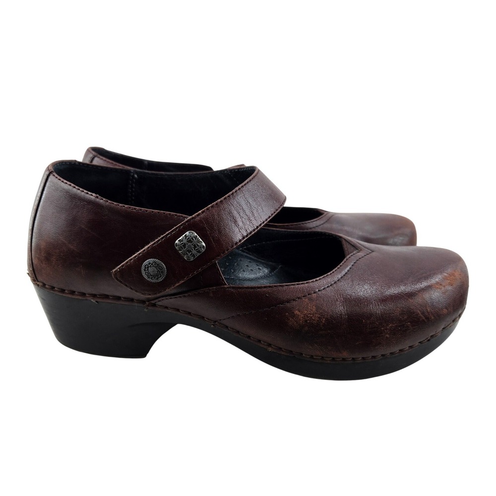 Dansko Mary Jane Clogs Brown Leather Strap Block Heel Shoes Womens 40 US 9.5-10
